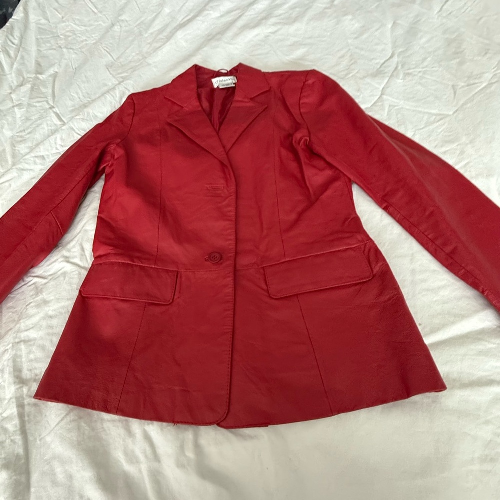 Women's Leather Cinched Waist Blazer, Cherry Red